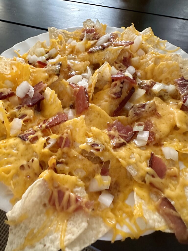 Nachos with Cheddar, Bacon, and Onion for Simple Gluten Free Lunch