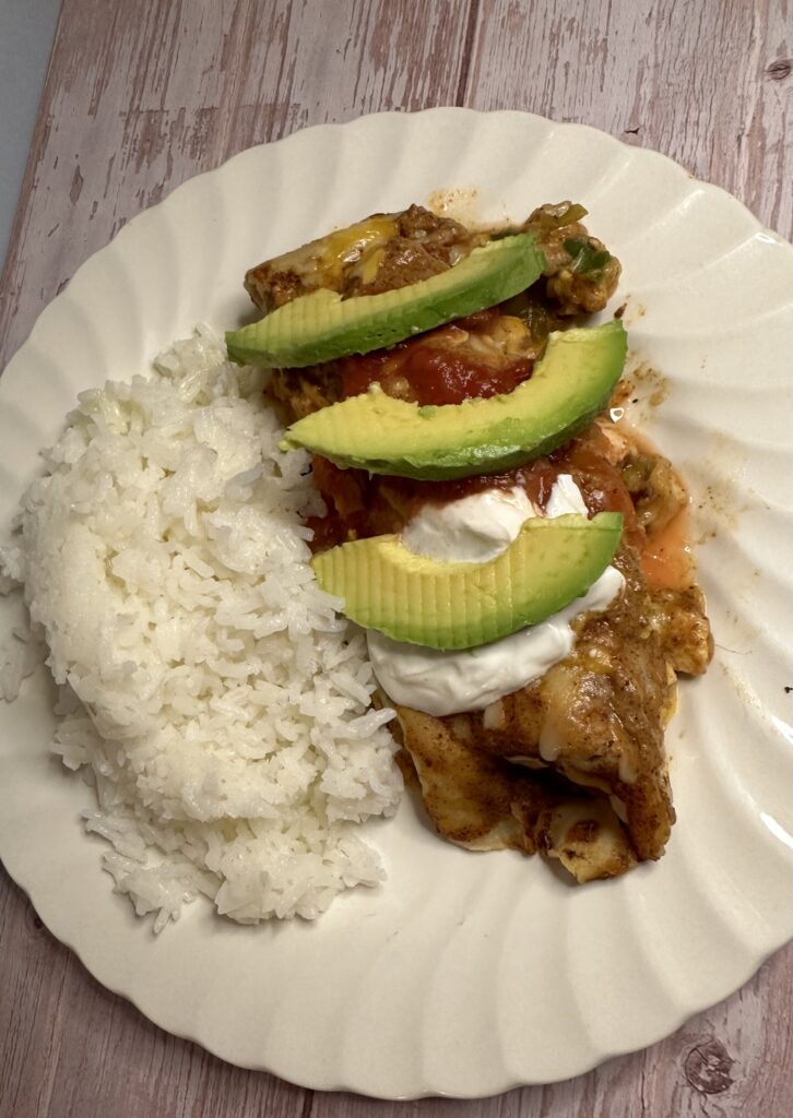 Yummy Gluten Free Enchilada with White Rice and Avocado